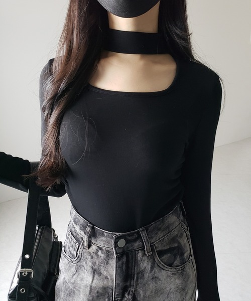 me+em select(ミームセレクト)の「※※【 3color / 裏起毛 】スクエアネックチョーカーシャーリングトップス / square neck choker shirring tops(Tシャツ/カットソー・レディース・ホワイト/ブラック/グレー・FREE)」の17枚目の写真