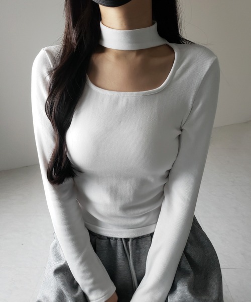 me+em select(ミームセレクト)の「※※【 3color / 裏起毛 】スクエアネックチョーカーシャーリングトップス / square neck choker shirring tops(Tシャツ/カットソー・レディース・ホワイト/ブラック/グレー・FREE)」の9枚目の写真