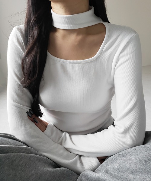 me+em select(ミームセレクト)の「※※【 3color / 裏起毛 】スクエアネックチョーカーシャーリングトップス / square neck choker shirring tops(Tシャツ/カットソー・レディース・ホワイト/ブラック/グレー・FREE)」の12枚目の写真