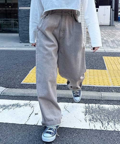 DOUBLE NAME(ダブルネーム)の「【ウエストサイズ調節可能/ユニセックス】ウエスト調節カラーオーバーダイデニムパンツ(デニムパンツ・レディース・グレー/ピンク/ベージュ・FREE)」の18枚目の写真