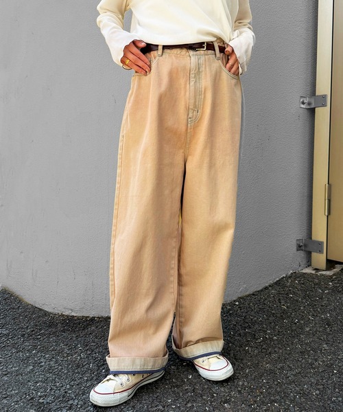 DOUBLE NAME(ダブルネーム)の「【ウエストサイズ調節可能/ユニセックス】ウエスト調節カラーオーバーダイデニムパンツ(デニムパンツ・レディース・グレー/ピンク/ベージュ・FREE)」の6枚目の写真