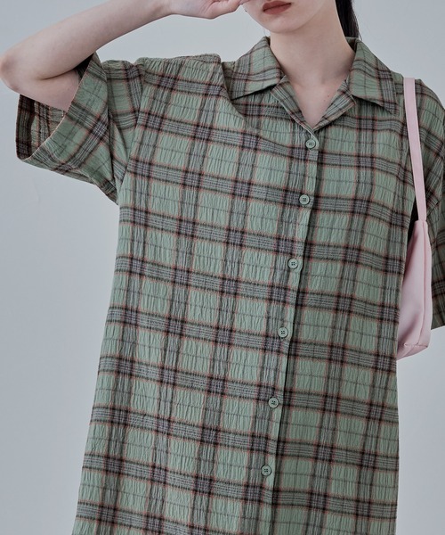 ルシェルブルー✳️新品 シャツワンピース チェック柄 ミモレ丈 アイドル風 M ルシェルブルー✳️新品 シャツワンピース チェック柄 ミモレ丈
