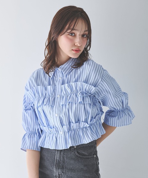 INGNI(イング)の「フリルリボンショート5分袖シャツ(シャツ/ブラウス・レディース・サックスブルー/ブルー系1/ホワイト系その他3/サックスブルー系1/イエロー系その他5/オフホワイト・M)」の1枚目の写真