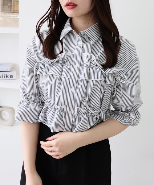 INGNI(イング)の「フリルリボンショート5分袖シャツ(シャツ/ブラウス・レディース・サックスブルー/ブルー系1/ホワイト系その他3/サックスブルー系1/イエロー系その他5/オフホワイト・M)」の3枚目の写真