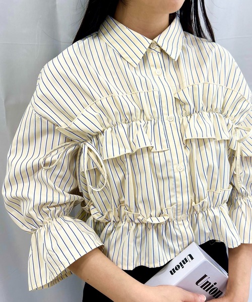 INGNI(イング)の「フリルリボンショート5分袖シャツ(シャツ/ブラウス・レディース・サックスブルー/ブルー系1/ホワイト系その他3/サックスブルー系1/イエロー系その他5/オフホワイト・M)」の6枚目の写真