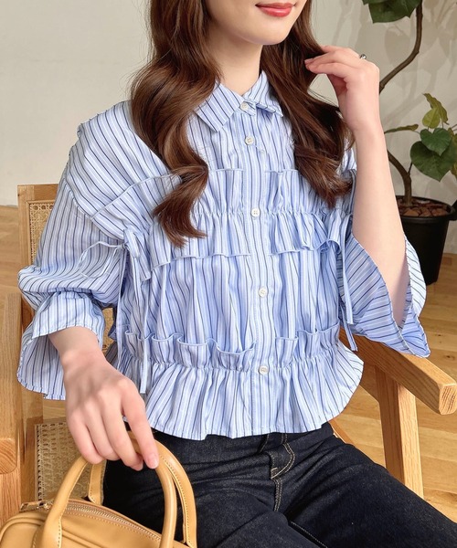 INGNI(イング)の「フリルリボンショート5分袖シャツ(シャツ/ブラウス・レディース・サックスブルー/ブルー系1/ホワイト系その他3/サックスブルー系1/イエロー系その他5/オフホワイト・M)」の9枚目の写真