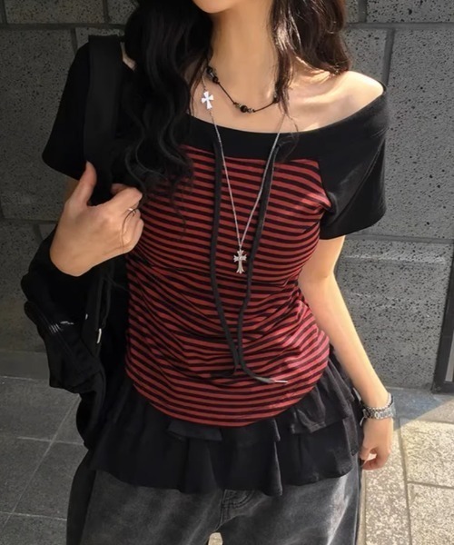 .KOM(ドットコム)の「A'GEM/9 × .kom 『.KOM/ドットケーオーエム』Y2Kライクショルダー開きボーダートップス(Tシャツ/カットソー・レディース・ネイビー/レッド/カーキ・FREE)」の21枚目の写真