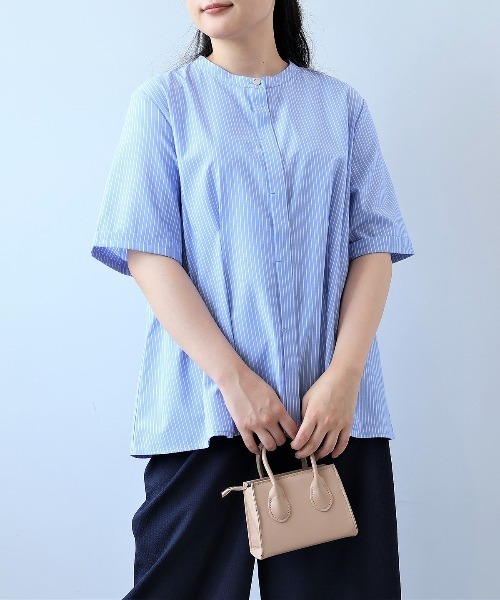 【fleur】【Ｌ〜５Ｌ】【接触冷感】ストライプバンドカラーサイドタックブラウス セール】【接触冷感】【L～5L 大きいサイズ】ストライプバンド