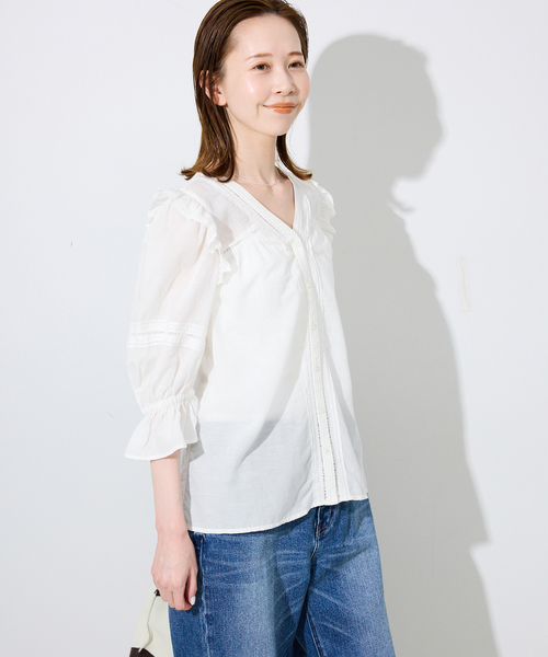 SLOBE IENA(スローブイエナ)の「《WEB限定/追加》コットンレーヨンレースブラウス(シャツ/ブラウス・レディース・ホワイト/ブラウン・FREE)」の7枚目の写真