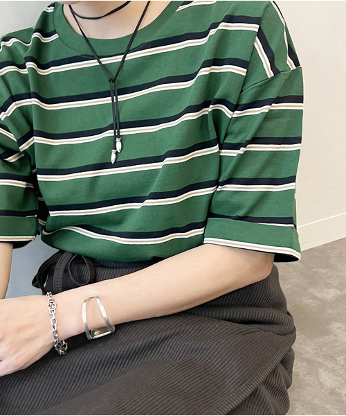 JOURNAL STANDARD（ジャーナルスタンダード）の「《追加4》汗ジミ防止ボーダービッグT（Tシャツ/カットソー・レディース・ブラウン/ベージュ系その他/ネイビー/グリーン系その他・FREE）」の4枚目の写真