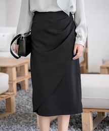 ラップ風 タック ドレープ ミモレ丈 タイト スカート
