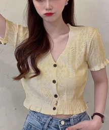 夏服 サマーニット サマーカーディガン フリル ショート丈トップス