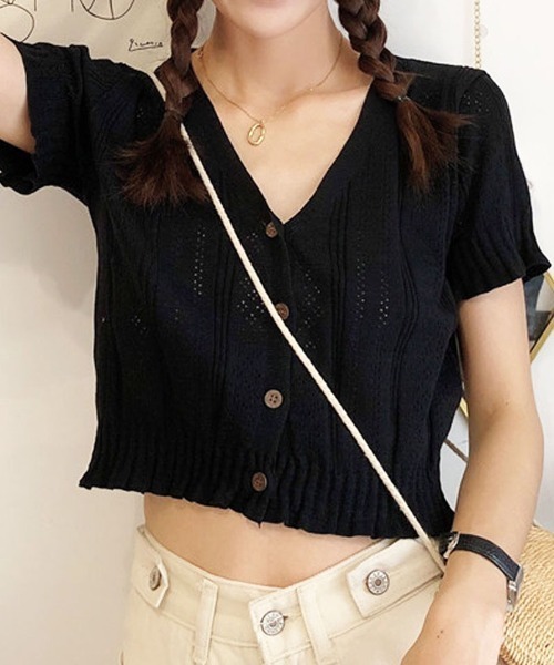 shoppinggo（ショッピングゴー）の「夏服 サマーニット サマーカーディガン フリル ショート丈トップス（カーディガン/ボレロ・レディース・ホワイト/ブラック/ベージュ/パープル/ピンク/イエロー/グリーン・FREE）」の3枚目の写真