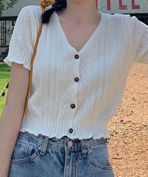 shoppinggo（ショッピングゴー）の「夏服 サマーニット サマーカーディガン フリル ショート丈トップス（カーディガン/ボレロ・レディース・ホワイト/ブラック/ベージュ/パープル/ピンク/イエロー/グリーン・FREE）」の14枚目の写真