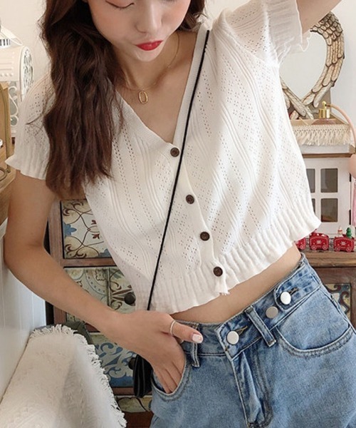 shoppinggo（ショッピングゴー）の「夏服 サマーニット サマーカーディガン フリル ショート丈トップス（カーディガン/ボレロ・レディース・ホワイト/ブラック/ベージュ/パープル/ピンク/イエロー/グリーン・FREE）」の8枚目の写真