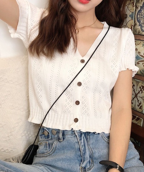 shoppinggo（ショッピングゴー）の「夏服 サマーニット サマーカーディガン フリル ショート丈トップス（カーディガン/ボレロ・レディース・ホワイト/ブラック/ベージュ/パープル/ピンク/イエロー/グリーン・FREE）」の22枚目の写真