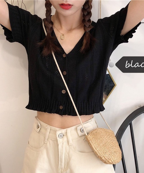 shoppinggo（ショッピングゴー）の「夏服 サマーニット サマーカーディガン フリル ショート丈トップス（カーディガン/ボレロ・レディース・ホワイト/ブラック/ベージュ/パープル/ピンク/イエロー/グリーン・FREE）」の21枚目の写真