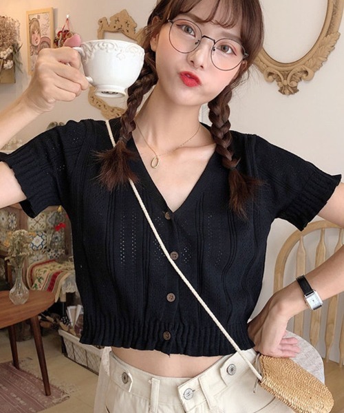 shoppinggo（ショッピングゴー）の「夏服 サマーニット サマーカーディガン フリル ショート丈トップス（カーディガン/ボレロ・レディース・ホワイト/ブラック/ベージュ/パープル/ピンク/イエロー/グリーン・FREE）」の20枚目の写真
