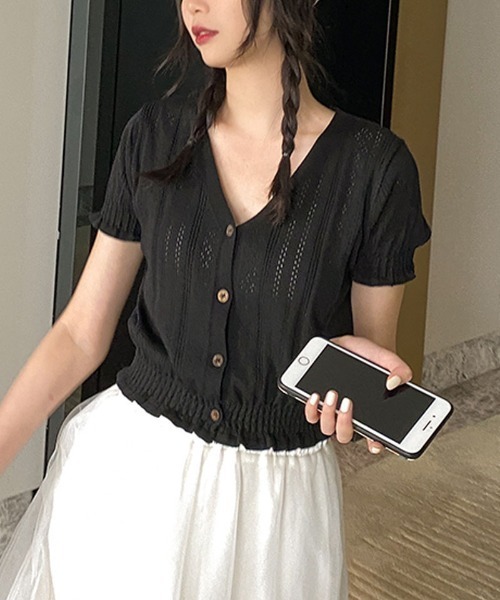 shoppinggo（ショッピングゴー）の「夏服 サマーニット サマーカーディガン フリル ショート丈トップス（カーディガン/ボレロ・レディース・ホワイト/ブラック/ベージュ/パープル/ピンク/イエロー/グリーン・FREE）」の19枚目の写真