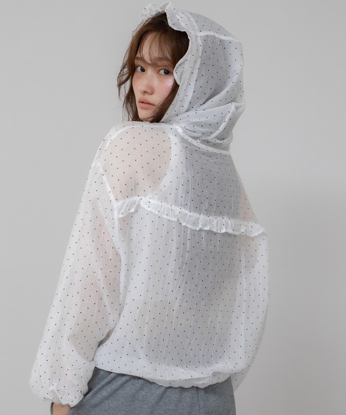 セール】フード付きドットシアートップス/ドット 水玉シアー ブラック