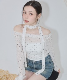 ENVYM（アンビー）の「ボウタイ シアー シャーリング オフショル トップス【チェック ドット】（Tシャツ/カットソー）」