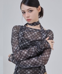 ENVYM | ボウタイ シアー シャーリング オフショル トップス【チェック ドット】(Tシャツ/カットソー)