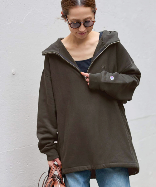 フレームワーク Champion別注 フードハーフジップドロストプルオーバー Champion 別注REVERSE WEAVE11.5OZフードハーフジップドロスト