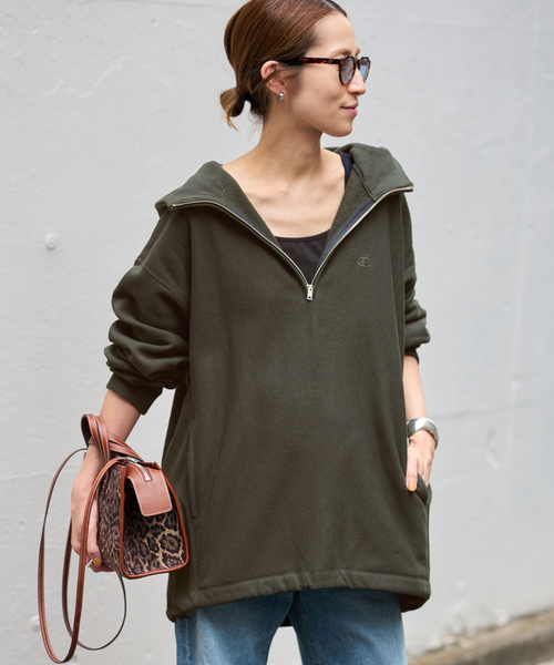 FRAMeWORK（フレームワーク）の「Champion 別注REVERSE WEAVE11.5OZフードハーフジップドロストプルオーバー（スウェット・レディース・チャコールグレー/アイボリー・FREE）」の9枚目の写真