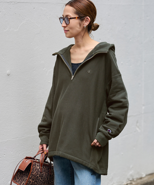 FRAMeWORK Champion 別注フードハーフジップドロストプルオーバー FRAMeWORK｜Champion 別注REVERSE WEAVE11.5OZフードハーフ