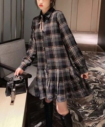 ウールライクチェックプリーツミニ丈シャツワンピース(秋冬のアカデミア風定番アイテム)