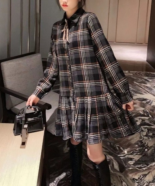 gossip!ロサンゼルス(ゴシップロサンゼルス)の「ウールライクチェックプリーツミニ丈シャツワンピース(秋冬のアカデミア風定番アイテム)(ワンピース・レディース・グレー・M/L)」の5枚目の写真