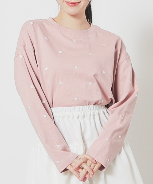 Honeys（ハニーズ）の「【ＵＶカット】モチーフ刺繍ゆるＴシャツ（Tシャツ/カットソー・レディース・ブラック/スモークピンク/オートミール/ホワイト・S/M/LL/L）」の4枚目の写真