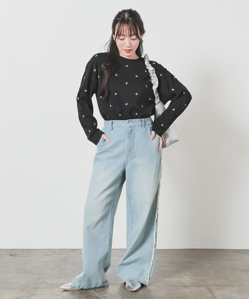 Honeys（ハニーズ）の「【ＵＶカット】モチーフ刺繍ゆるＴシャツ（Tシャツ/カットソー・レディース・ブラック/スモークピンク/オートミール/ホワイト・S/M/LL/L）」の12枚目の写真