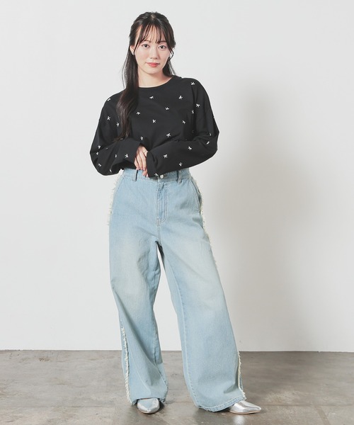Honeys（ハニーズ）の「【ＵＶカット】モチーフ刺繍ゆるＴシャツ（Tシャツ/カットソー・レディース・ブラック/スモークピンク/オートミール/ホワイト・S/M/LL/L）」の16枚目の写真
