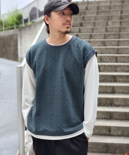 NO NEED(ノーニード)の「ジャガードベストロンT(Tシャツ/カットソー・メンズ・ネイビー/グレー/グリーン/ワイン・S/M/L/LL)」の6枚目の写真