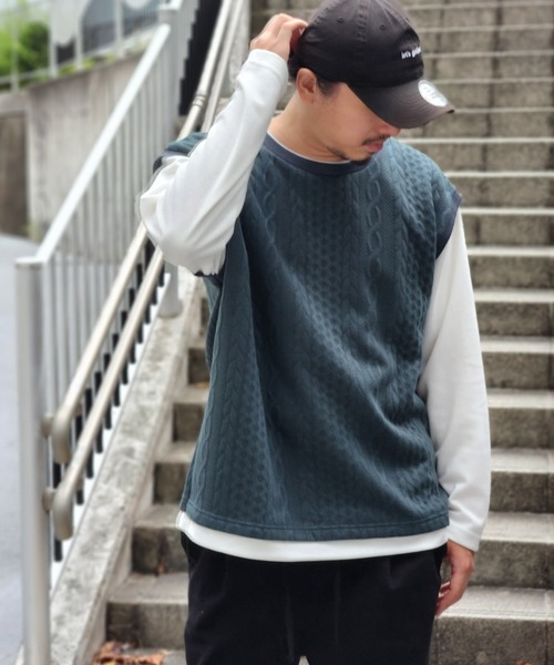 NO NEED(ノーニード)の「ジャガードベストロンT(Tシャツ/カットソー・メンズ・ネイビー/グレー/グリーン/ワイン・S/M/L/LL)」の7枚目の写真