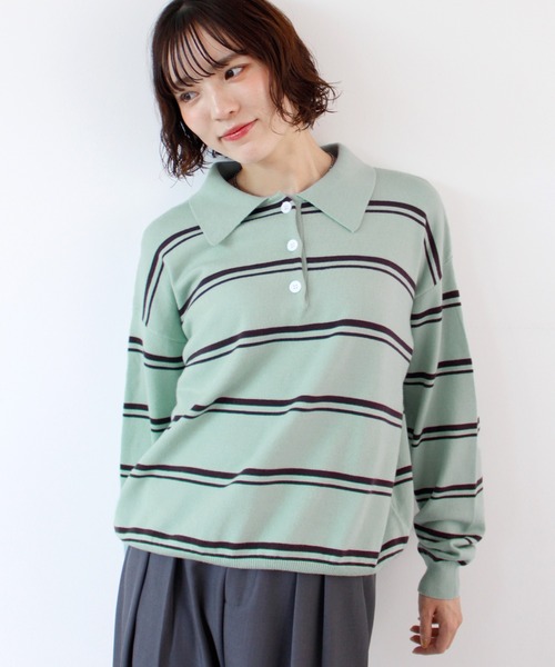ABYS(アビス)の「襟付きボーダーポロニットトップス(ニット/セーター・レディース・ネイビー/ミント/ブラウン・FREE)」の2枚目の写真