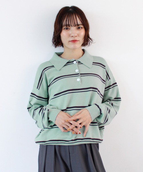 ABYS(アビス)の「襟付きボーダーポロニットトップス(ニット/セーター・レディース・ネイビー/ミント/ブラウン・FREE)」の12枚目の写真