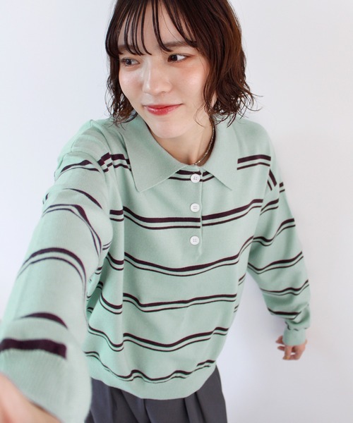 ABYS(アビス)の「襟付きボーダーポロニットトップス(ニット/セーター・レディース・ネイビー/ミント/ブラウン・FREE)」の19枚目の写真