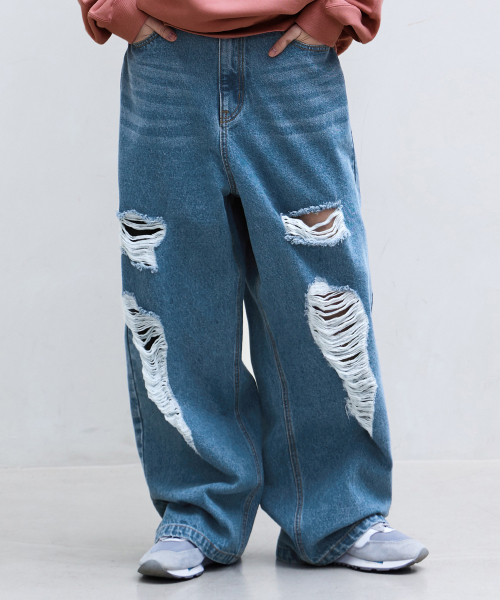 F.ILLUMINATE(フィルミネイト)の「ディストロイドワイドデニムパンツ-ブルー(デニムパンツ・レディース・その他・SMALL/MEDIUM/LARGE)」の1枚目の写真
