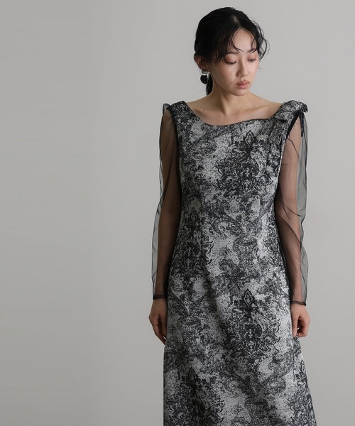 袖あり&ミモレ丈同窓会成人式ショルダーリボン ジャガード Vカット