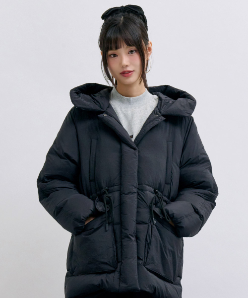 女性 フードパーカー ミドル プファー ジャンパー-ブラック（ダウン