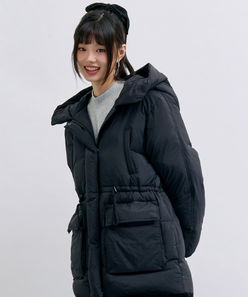 女性 フードパーカー ミドル プファー ジャンパー-ブラック（ダウン