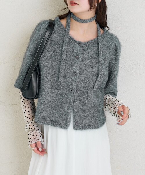 mystic（ミスティック）の「ふわふわ半袖ニット カーディガン（カーディガン/ボレロ・レディース・オフホワイト/チャコールグレー/ブルー・FREE）」の15枚目の写真