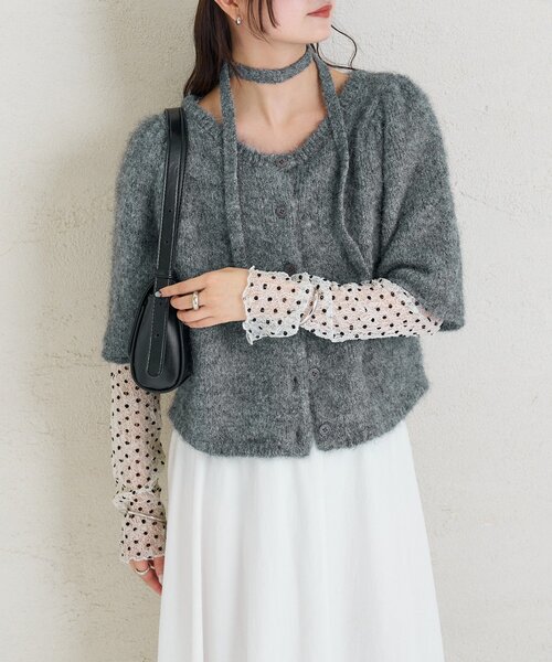 mystic（ミスティック）の「ふわふわ半袖ニット カーディガン（カーディガン/ボレロ・レディース・オフホワイト/チャコールグレー/ブルー・FREE）」の16枚目の写真