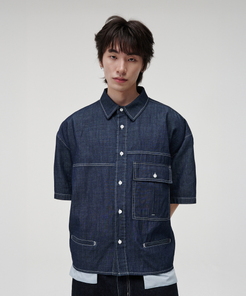 KZM(ケージエム)の「オーバーフィットデニム半袖シャツ(シャツ/ブラウス・レディース・ブルー・MEDIUM/LARGE/X-LARGE)」の2枚目の写真