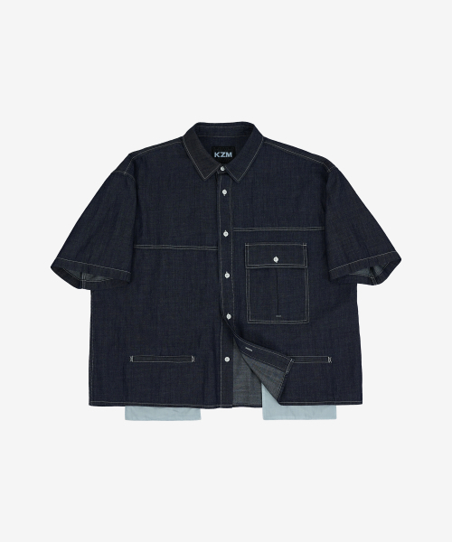 KZM(ケージエム)の「オーバーフィットデニム半袖シャツ(シャツ/ブラウス・レディース・ブルー・MEDIUM/LARGE/X-LARGE)」の4枚目の写真