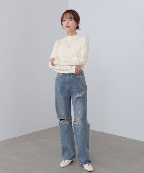 Bab（バブ）の「【選べるサイズ展開】袖ボタンハイネックリブニットトップス（ニット/セーター・レディース・ピンク/グリーン/A/チャコールグレー/アイボリー/ブラック・M/L）」の9枚目の写真