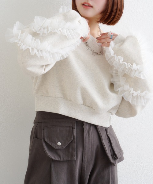 w closet(ダブルクローゼット)の「チュールフリルスウェット(Tシャツ/カットソー・レディース・ピンク/グレー/チャコールグレー/アイボリー・SMALL/MEDIUM)」の7枚目の写真