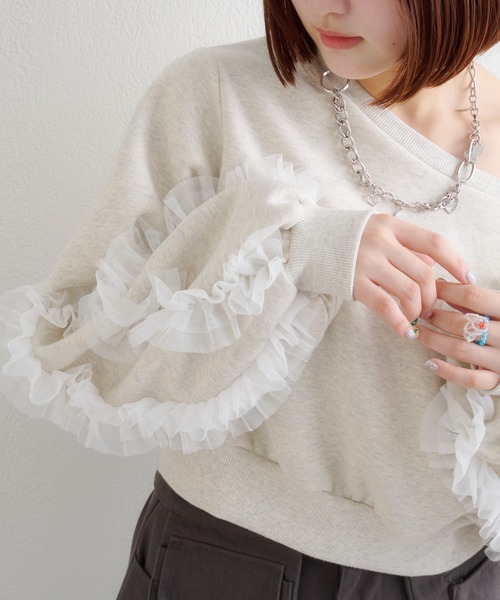 w closet(ダブルクローゼット)の「チュールフリルスウェット(Tシャツ/カットソー・レディース・ピンク/グレー/チャコールグレー/アイボリー・SMALL/MEDIUM)」の9枚目の写真